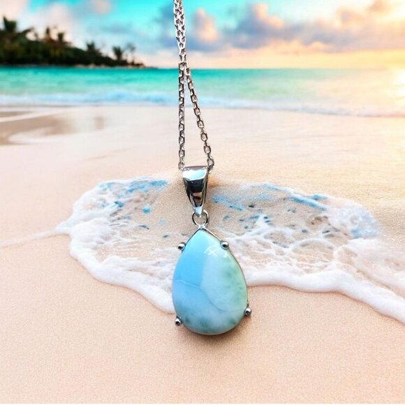 Sterling Silver Larimar Necklace Cable Chain w Rhodium Finish | Teardrop Cut 18" - Picture 1 of 13